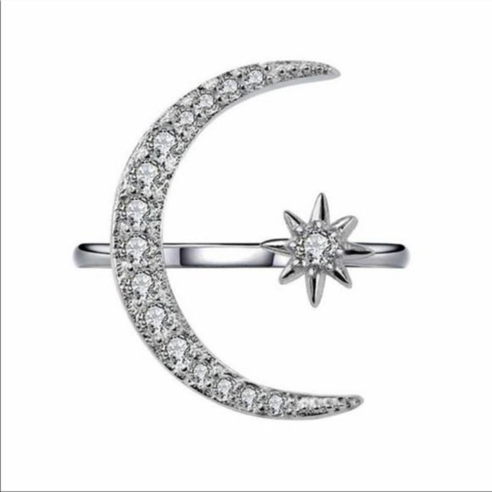 ADJUSTABLE 925 SILVER DIAMOND STAR MOON RING, CUTE RING, SHINY RING. - Picture 3 of 4